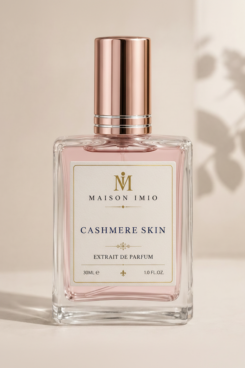 Cashmere Skin perfume bottle by maison imio with pink liquid