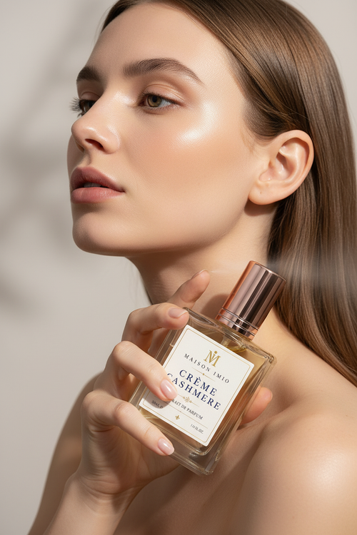 Elegant woman spritzing Crème Cashmere perfume by maison imio