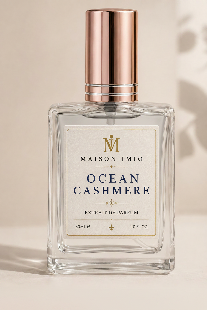 Ocean Cashmere perfume bottle by maison imio with light gray liquid