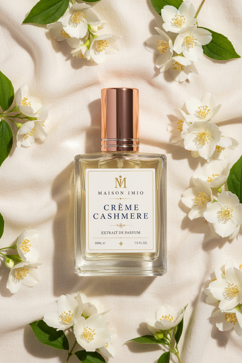 Crème Cashmere perfume bottle flat lay with jasmine flowers