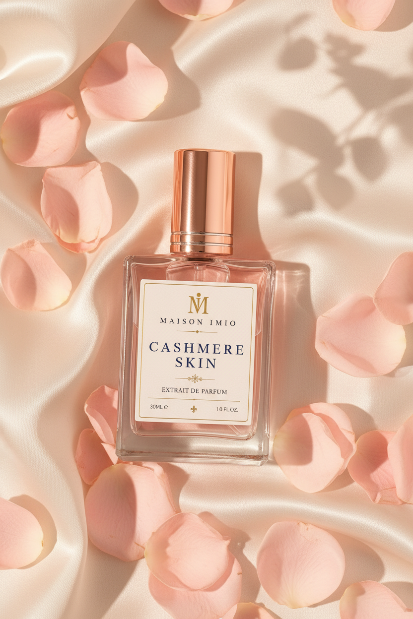 Cashmere Skin perfume bottle on rose petals flat lay