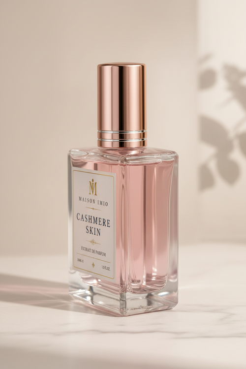 Cashmere Skin perfume bottle side profile on marble